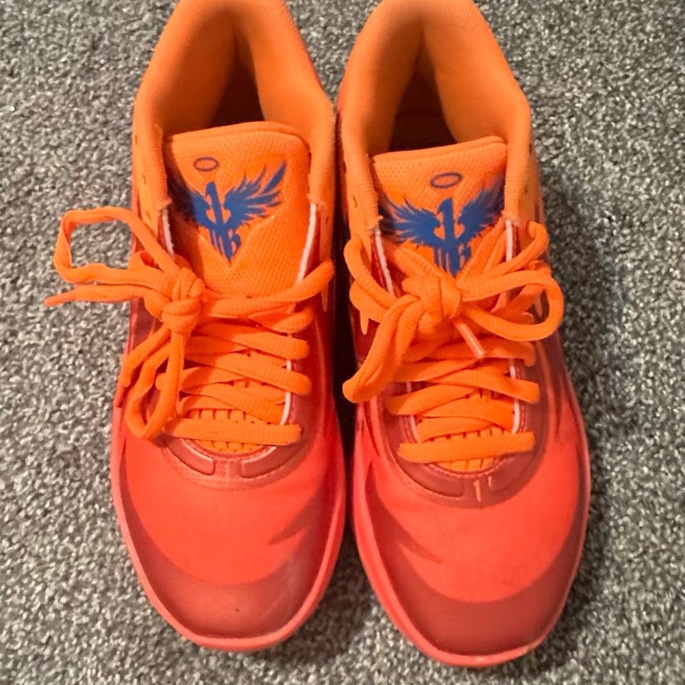 Puma M.E.L.O. Kids Orange Basketball Sneakers with Blue Accents
